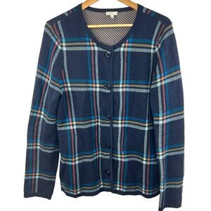 Talbots Navy Blue Plaid Cardigan Size L Sweater Button Front